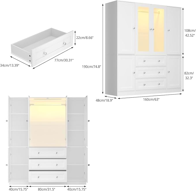 VOWNER 75" Tall Armoire Wardrobe Closet with Drawers and LED, Clothing Storage Cabinet with Glass Doors & Hanging Rod, 6 Doors Wooden Armoire Storage Cabinet for Bedroom (White)