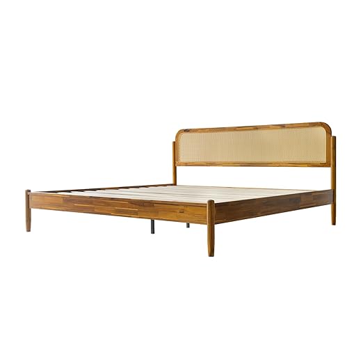 King Size Bed Frame Solid Wood Platform Bed with Headboard & Footboard, 12 Sturdy Slatted Base, Metal Legs, No Box Spring Needed, Noise-Free & Slip-Free, Easy Assembly, Acacia Honey Finish, JMK-38