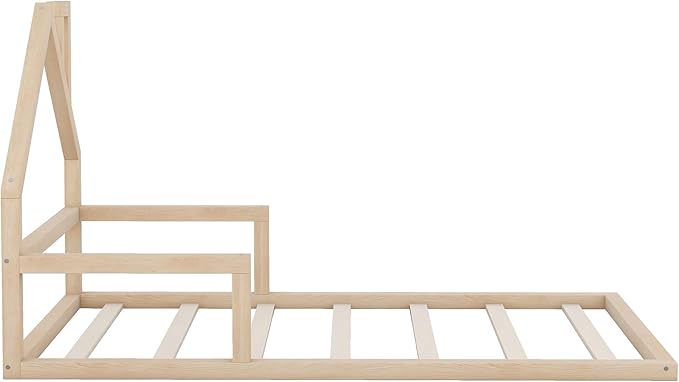 Harper & Bright Designs Twin Size Floor Bed with House Shaped Headboard, Montessori Floor Bed for Kids, Solid Wood Low Bed Frame for Bedroom, Playroom, Wooden Slats Support, Natural