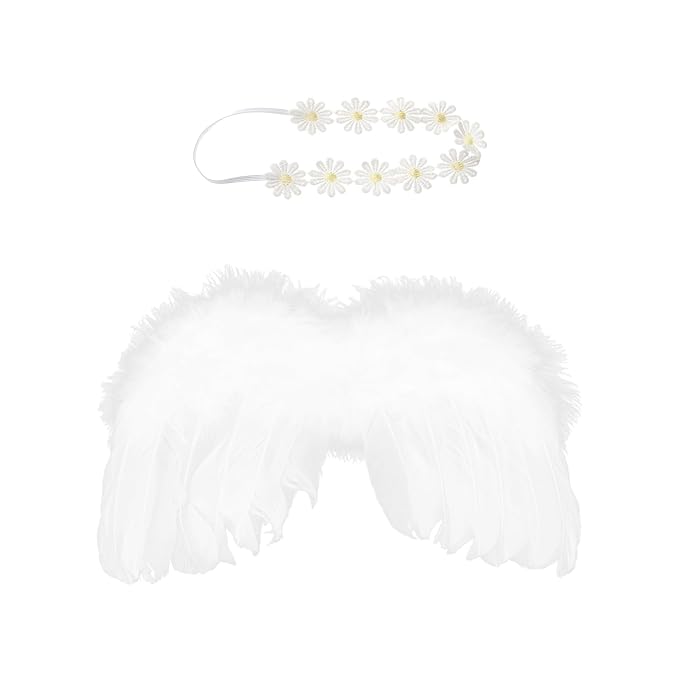 2PCS White Angel Feather Wings With Yellow Daisy Flower Headband Set For Newborn Infant Toddler Kids Baby Girls Photography Props Birthday Gift(Color C, One Size)