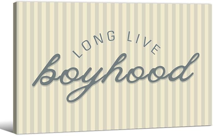 Long Live Boyhood Quote Wall Art Preppy Blue Stripe Poster 24x36 inch Framed Modern Fashion Minimalist Canvas Prints for Boy Nursery Bedroom Wall Decor