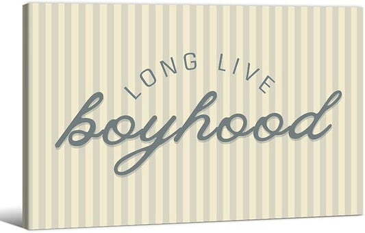 Long Live Boyhood Quote Wall Art Preppy Blue Stripe Poster 24x36 inch Framed Modern Fashion Minimalist Canvas Prints for Boy Nursery Bedroom Wall Decor