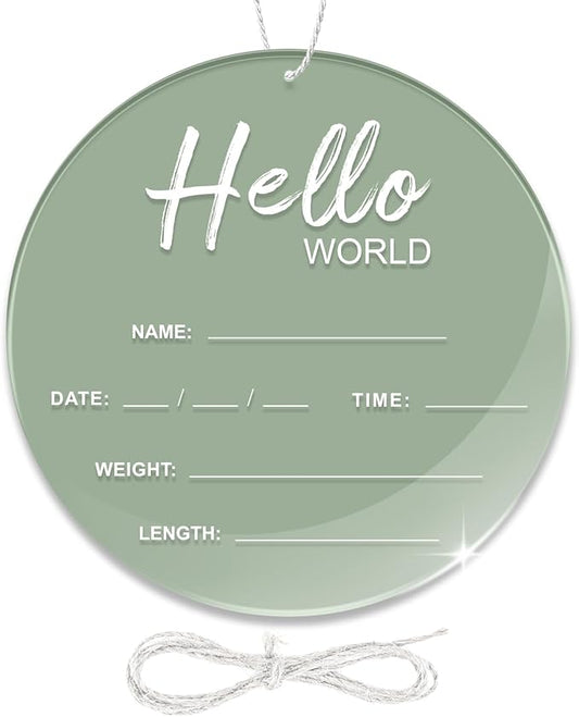 Baby Announcement Sign, 6.7 Inch Hello World Newborn Sign, Thickness Upgrade Birth Announcement Sign for Hospital, Nursery Baby Shower (Green)