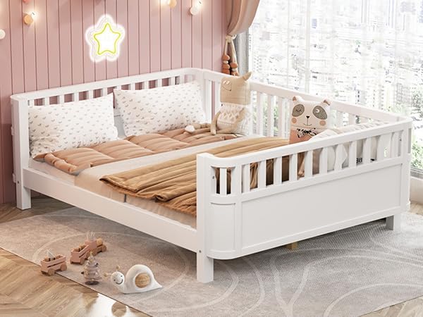 Ball & Cast Twin Size Toddler Bed W/LED Light,Metal Bed W/Linen Fabric Upholstered Storage Headboard,Platform Bed Frame W/Safety Guardrails & Low Profile Design,for Boys Girls,Black