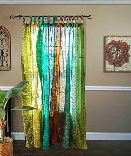 YILLE Boho Silk Sari Curtain Panel,1 Piece Vintage Handmade Lightweight Recycled Indian Silk Saree Window Drapes for Bohemian Living Room, Aesthetic Home Décor Wall Hanging - Green, 84 X 43 in
