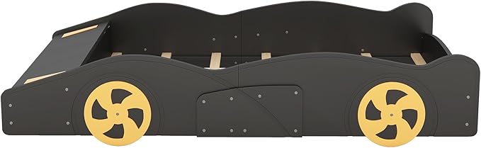 Full Size Race Car-Shaped Platform Bed with Wheels,Kids Full Bed Frame W/Storage Space & Guardrails,Race Car Bed for Boys Toddlers Child's Bedroom,Black+Yellow