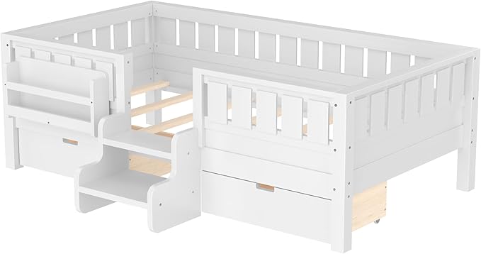 Bellemave Twin Bed with Slats and Stairs, Twin Size Platform Bed Frame with Fence, Bookshelf and Storage Drawers, Easy Assemble Beds for Kids, Girls, Boys, White