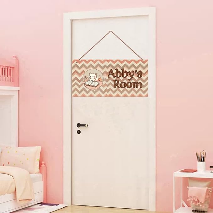 Personalized Kids Door Sign Cat Reading Book Bedroom Nursery Personalized Name Wooden Sign Décor For Kids Room