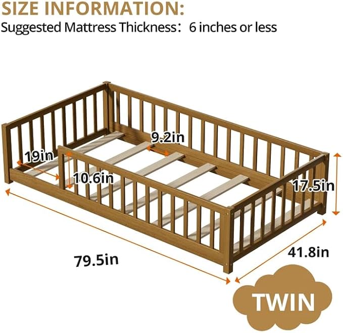 LLS Twin Floor Bed for Kids Toddlers, Solid Wood Multifunctional Montessori Bed Frame with Safety Guardrails, Without Door, Easy Assemble,Light Espresso