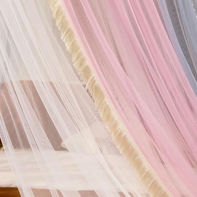 AIKASY Princess Bed Canopy for Girls & Adults, Elegant Double-Layer Bed Curtain, Children's Dream Round Lace Mosquito Net - Fits Twin, Full, Queen, and King Beds(Pink/Grey/White)