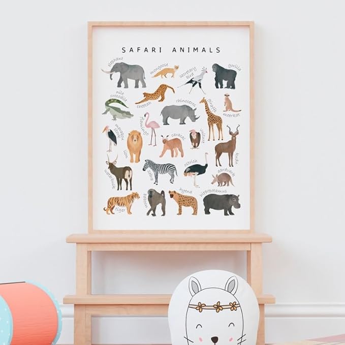 OZCONO Safari Animals Poster, Educational Jungle Chart for Kids, Playful Nursery Wall Decor, Montessori Learning, Homeschool Wildlife (Unframed) (11x14)