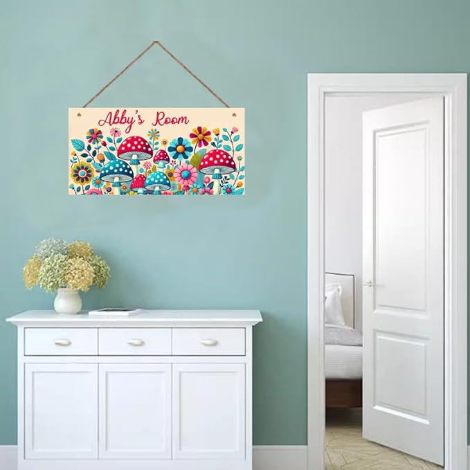 Personalized Name Vintage Mushroom and Flowers Sign For Girls Room Baby Nursery Door Wood Plaque Hanging Wall Art Decor For Kids Bedroom Nursery Home Kitchen Garden Yard Wall Club