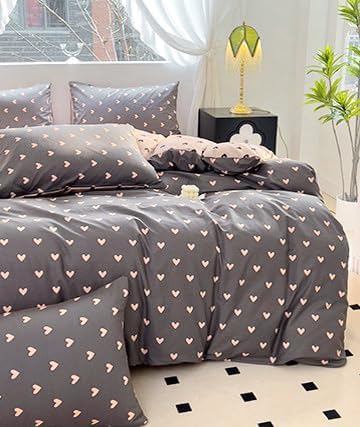 Heart Duvet Cover Twin Size Pink Grey Love Pattern Bedding Set Cute Heart-Shaped Breathable Soft Reversible Comforter Cover (No Comforter)