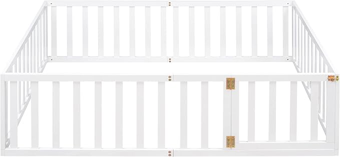 Merax Full Floor Bed with Safety Guardrails and Door, Wood Montessori Floor Bed Frame for Kids, Full Playhouse Bed Frame for Baby Girls and Boys, White