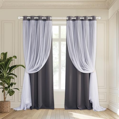 PONY DANCE Blackout and Sheer Window Curtains Mix & Match Double-Layered Grommmet Drapes White Sheer Overlay Light Blocking for Kids Bedroom/Sliding Glass Door (Grey, W52xL95 inch, 2 Panels Set)