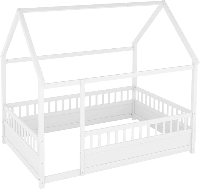 Full Size House Bed with High Fence for Kids,Full Floor Bed Frame, Kids Montessori Bed Full Size,Solid Wood House Bed Frame for Boys,Girls,White
