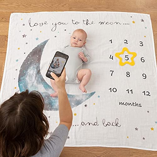Organic Baby Monthly Milestone Blanket Boy - Love You to The Moon and Back Blanket for Boys, Growth Chart for 1-12 Months Milestones, Gender Neutral, 47”x47”