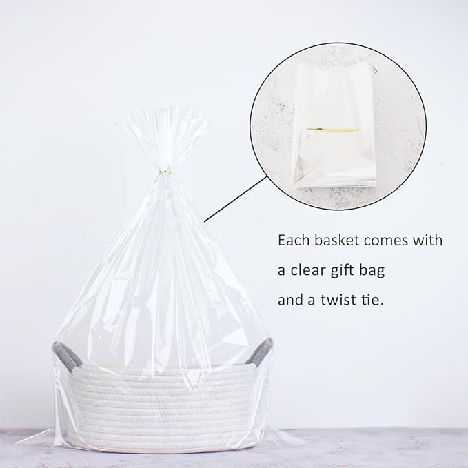 Yimi's Dream Basket for Gifting, Small Baskets for Shelves, White Cotton Rope Basket with Grey Handle for Decor, Baby Cat Dog Toy(Oval, 12"x 8"x 5")