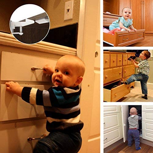 Vmaisi 12 Pack Cabinet Locks Child Safety Latches - Baby Proofing Cabinets Drawer Lock with Adhesive Easy Installation - No Drilling or Extra Screws (White)