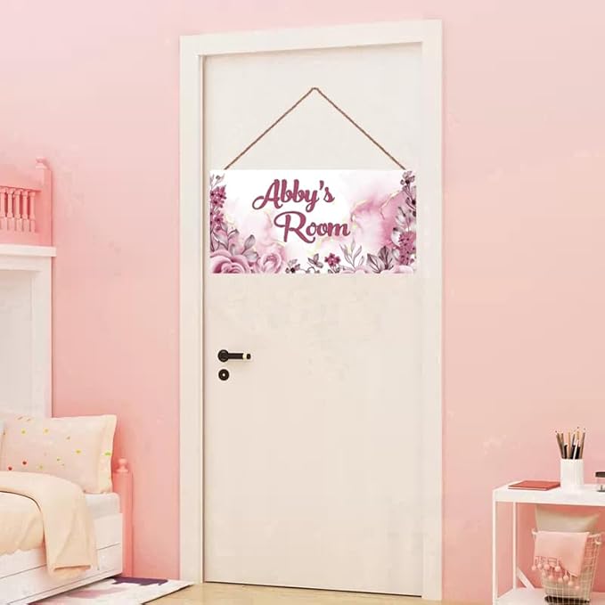 Personalized Pink Flower Floral Kids Room Door Sign Custom Name Boys Girls Bedroom Decor Wall Art Toddler Baby Nursery Wood Plaque