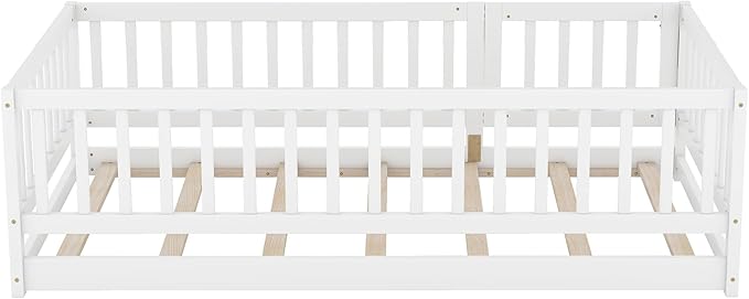 Twin Size Floor Bed Frame with Door and Slats,Montessori Floor Bed with Safety Guardrails for Girls Boys,Solid Wood Kids Montessori Bed Twin Size,White