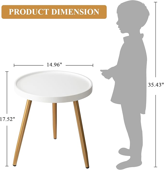 danpinera Nursery Side Table, Metal Legged Mini Table with Wooden Tray, Small Round End Table for Living Room, Bedroom, Nursery, White & Gold