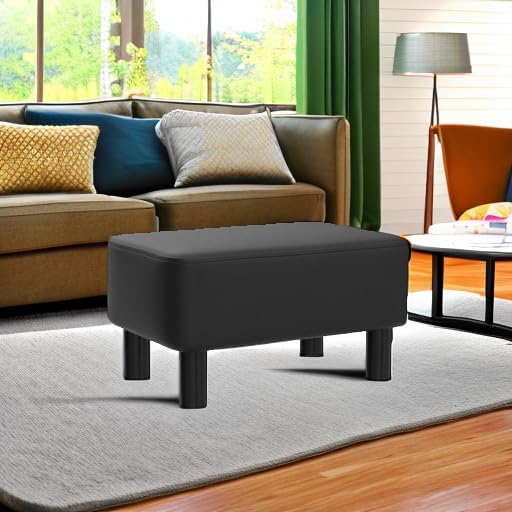 IBUYKE 16.54" Small Footstool, PU Faux Leather Step Stool, with Padded Seat Pine Wood Legs and Padded Rectangular Stool, for Bedroom, Black RF-BD210