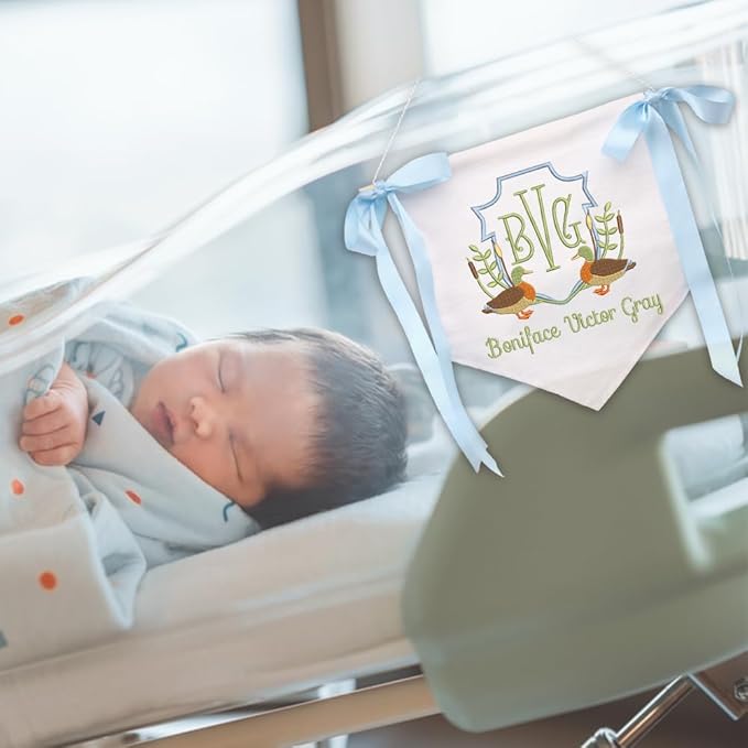 Embroidered Baby Name Sign Personalized Baby Announcement Sign Newborn Baby Banner with Bows Baby Hospital Name Sign Canvas Hanging Pennant Flag Custom Infant Baby Name Baby Shower Banner (08)