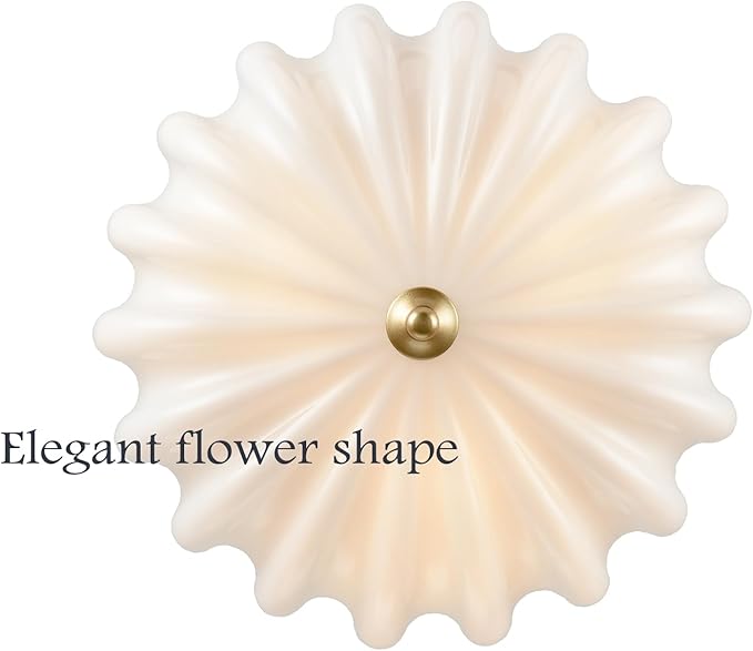 Gold Ceiling Light Fixture Brass Bedroom Flush Mount Ceiling Light Modern Gold for Entryway Bathroom Living Room Milky Glass Flower Scalloped Shade
