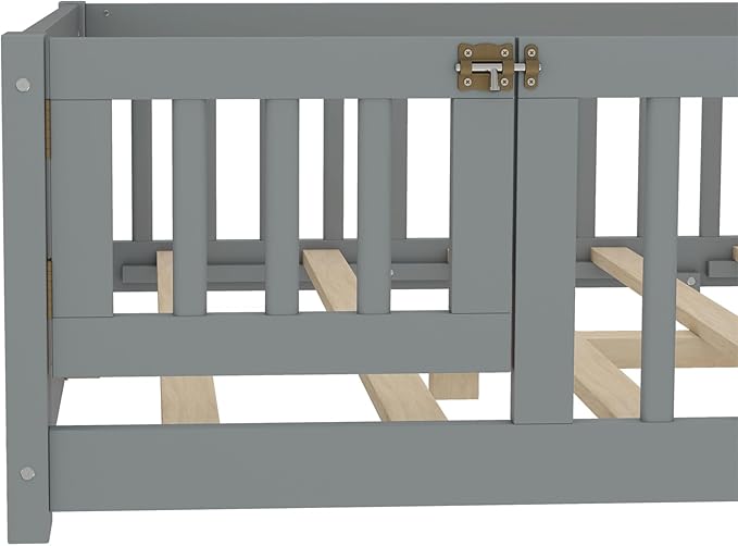Ball & Cast Toddler Floor Bed Full Size W/Removed Slats,Montessori Bed for Toddlers W/Switched Door & Safety Guardrails,Low Profile Bed Frame for Girls & Boys,No Spring Box Required,Gray