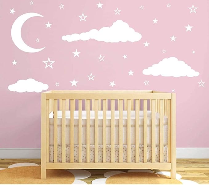 Removable Creative 3D Vinyl White Clouds Moon and Stars Wall Decals DIY Home Wall Art Decor Wall Stickers for Kids Baby Children Boy and Girls Rooms Bedroom Living Room Playroom Decoration (White)
