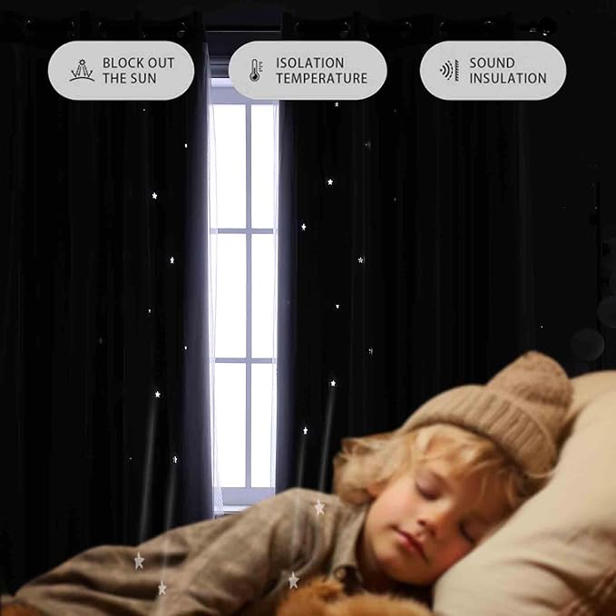 Anytime 2 Panels Star Blackout Curtains for Girls Kids Baby Bedroom Window Curtain Double Layer Star Cut Out Living Room Decor Wall Home Decorations Curtain（W52 x L95,Grey）