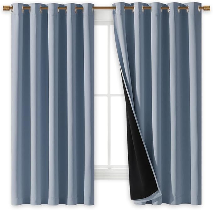 NICETOWN 100% Blackout Lined Curtains, Vintage Blue, 1 Pair, 62" Width x 63" Length Each Panel, 2 Thick Layers Completely Blackout Window Treatment Thermal Insulated Drapes for Kitchen/Bedroom