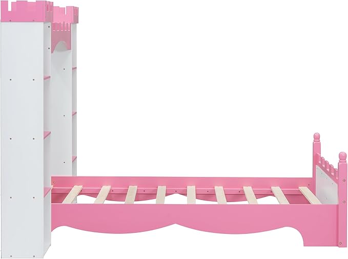 Castle-Shaped Wooden Platform Bed with Storage Shelf, Dreamy Twin Size Kids Platform Bed for Girls Boys Bedroom, Sturdy Slats Support (White+Pink Castle)
