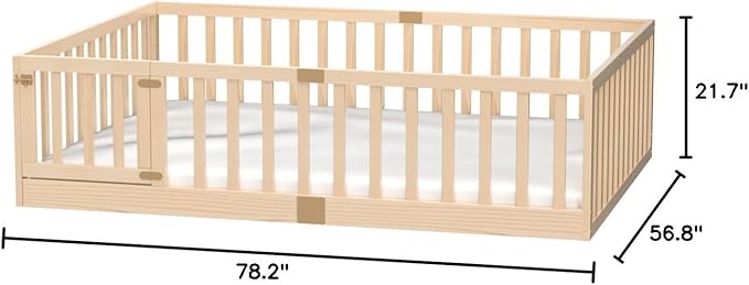 Tatub Full Montessori Floor Bed with High Rails, Solid Wood Montessori Bed Frame for Kids, Door Can Install Left and Right, Full-Nature