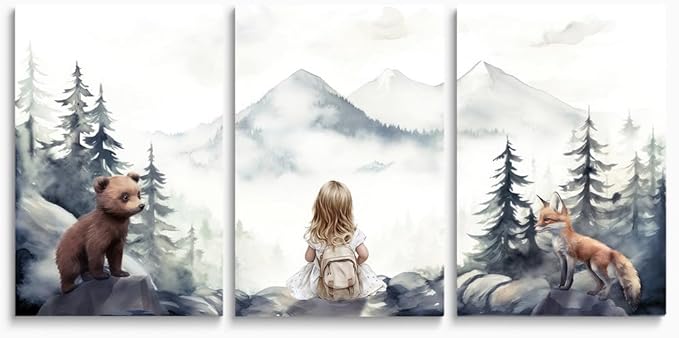 Baby Girl With Animals Adventure Nursery Wall Art, Adventure Toddler Decor, Outdoor Woodland Nursery Wall Decor for Girl's Bedroom, Mountain Forest Landscape Kid Art Print, Framed Set of 3, 12"x16"x3