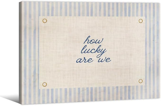 How Lucky Are We Quote Wall Art Navy Blue Positive Affirmations Poster 12x16 inch Framed Trendy Minimalist Aesthetic Canvas Prints for Dorm Bedroom Wall Decor