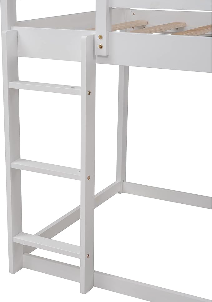 MERITLINE House Shaped Bunk Bed Twin Over Twin Size Wood Bunk Bed with Slide Low Bunk Beds for Boys and Girls, Twin Size, White