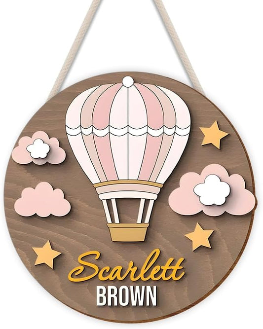 Personalized Hot Air Balloon Wooden Name Sign | Custom Door Sign for Nursery Wall Decor, Girls Room Decor, Boys Bedroom Wall Art, Playroom Decoration, and Wooden Hanging