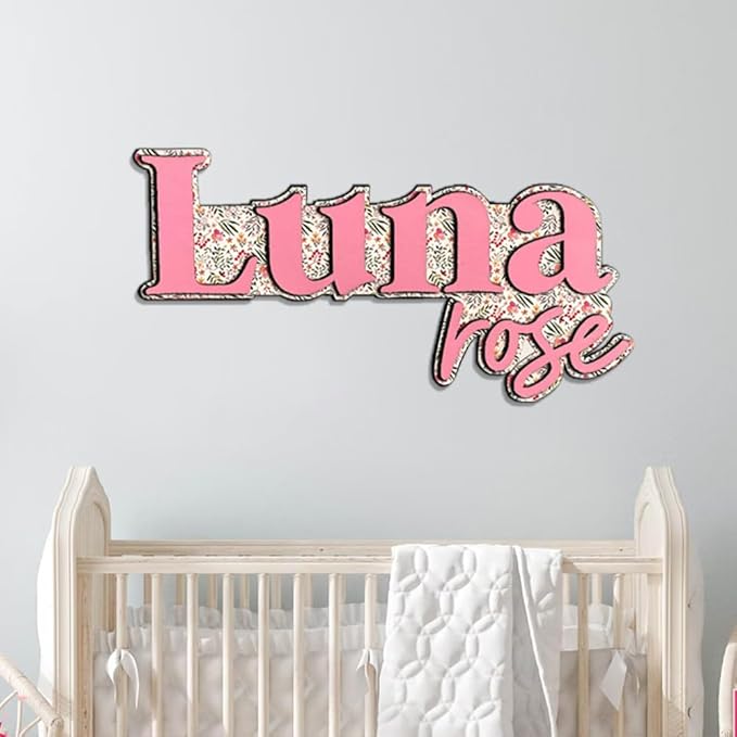 Personalized Nursery Name Sign, Custom Wooden Name Sign with Flowers, 3D Layered Wood Wall Decor for Baby Girl Room, Boho Floral Kids Room Name Plaque, 2 Layer /3