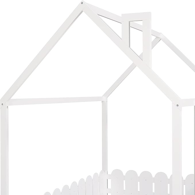 MERITLINE House Bed Wood Full Playhouse Bed Frame with Roof Twin Size House Bed for Girls Boys Kids, Box Spring Needed (White, Full)