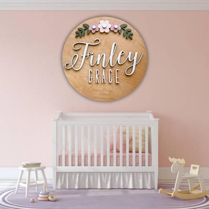 Personalized Wooden Name Sign - Custom Baby Name Signs for Nursery & Kids Room Decor - Baby Announcement Sign - Name Wall Art - Wooden Letters for Wall - Custom Round Nursery Name Sign (Design 8)