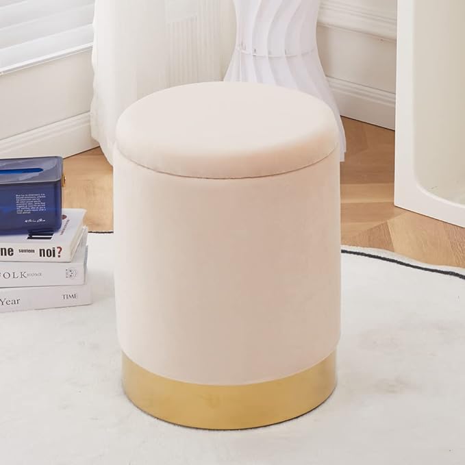 Mxfurhawa Velvet Storage Ottoman Multipurpose Footrest Stool with Metal Base Modern Round Vanity Stool Chair Ottoman Foot Stools Support 300 lbs Padded Seat for Living Room (Champagne)