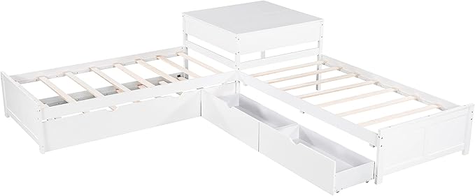Harper & Bright Designs L-Shaped Platform Bed Frame with Trundle and Drawers Linked with Built-in Desk for Kids Boys Girls, Twin, White