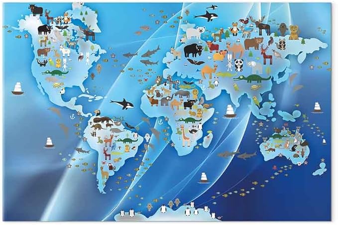 artgeist Canvas Wall Art Print World Map for Children 35x24 in - 1pcs Home Decor Framed Stretched Picture Photo Painting Artwork Image - Map Kindergarten Animals Blue k-C-0138-b-a