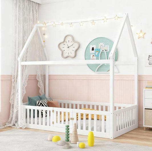 Bellemave Full House Bed for Kids, Wooden Kids bedframe with Rails and roof, Montessori Floor beds, White with Door no slats