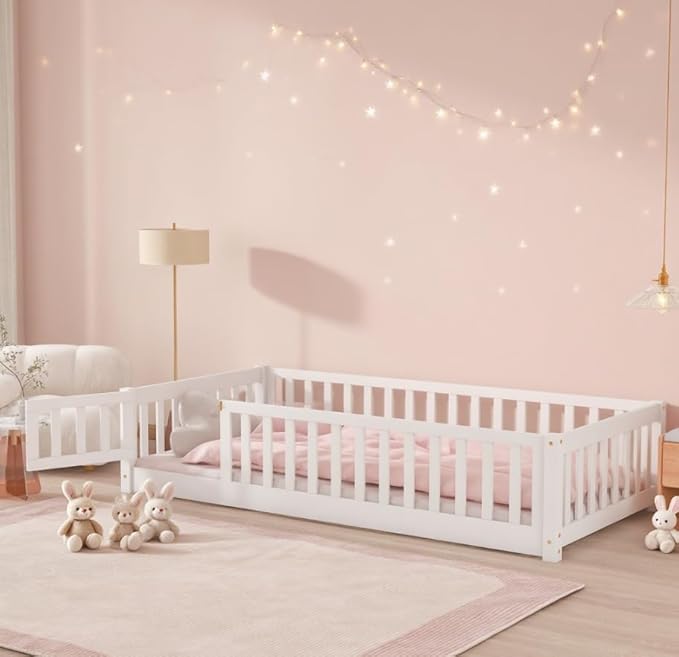 Bellemave Twin Size Floor Bed for Kids, Girls, Boys, Rubber Wood Floor Bed with slats and Door, White