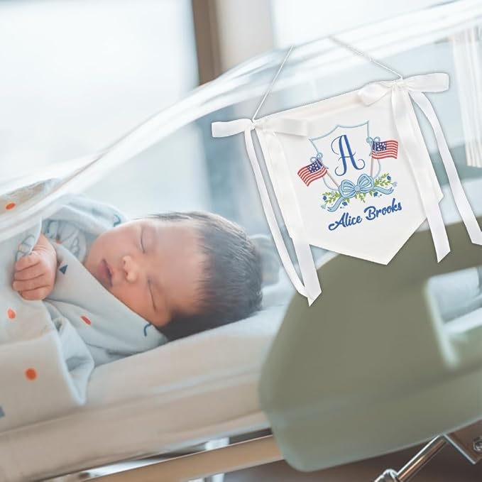 Embroidered Baby Name Sign with Bows Personalized Baby Announcement Sign Newborn Baby Banner Baby Hospital Name Sign Canvas Hanging Pennant Flag Custom Infant Baby Name Baby Shower Banner (09)