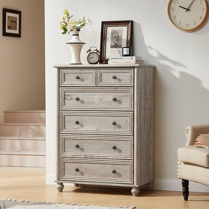 Farmhouse 6 Drawer Dresser, Grey Chest of Drawers, 43.5" Tall Dressers for Bedroom with Roman Column and Metal Handles, Rustic Wood Storage Organizer for Living Room, Hallway, Closet