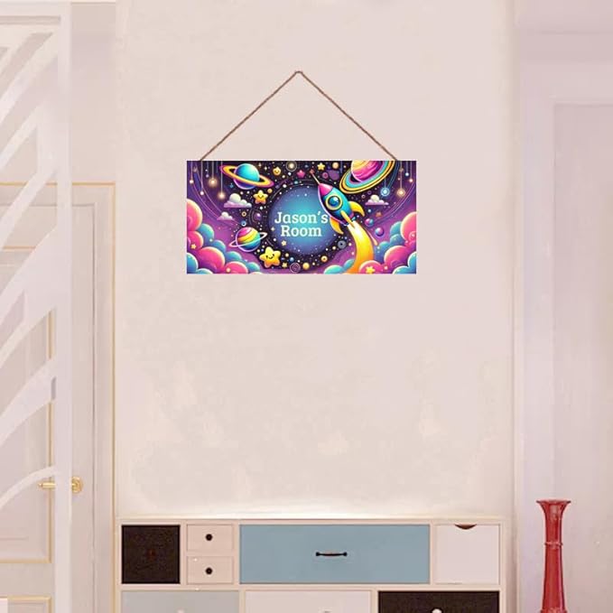 Personalized Name Sign Universe Theme Decor For Kids Room and Baby Nursery Kids Bedroom Wood Plaque Hanging Out Space Wall Art Decor